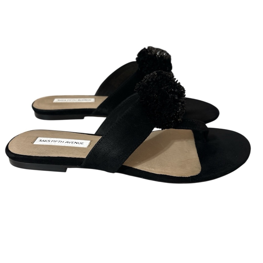SAKS FIFTH AVENUE Black Sandals Size 6.5 Suede Pom Pom Slip On Flat
